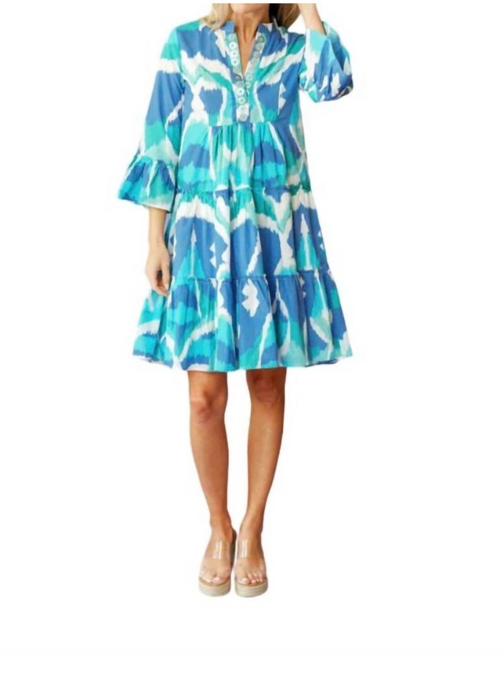Sheridan French Caty dress Cerulean blue cotton tiered mini flute sleeves sz S